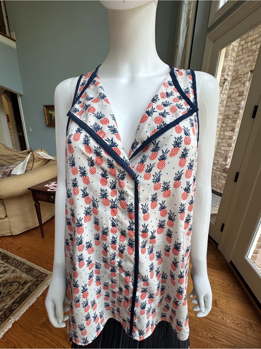Porridge Sleeveless Pineapple Print Button-Front Tank with Black Trim
